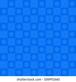 Christmas background of dark and light blue squares in a row and under each other with blue snowflakes with white contour alternately