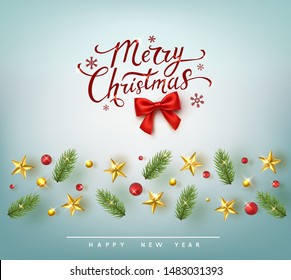Christmas background with decor border. Blue merry xmas banner. Vector gold stars, christmas tree elements on greeting card.