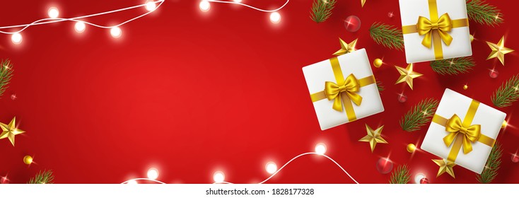 Fondo de Navidad con bordes decorativos. Navidad roja o cartel de Año Nuevo. Estrellas de oro vectorial, elementos de árbol de navidad para el diseño de tarjetas de felicitación