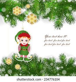Christmas background with Christmas decor and green branches of Christmas tree.