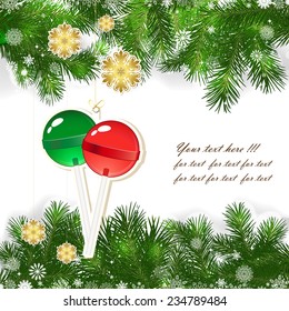 Christmas background with Christmas decor and green branches of Christmas tree.