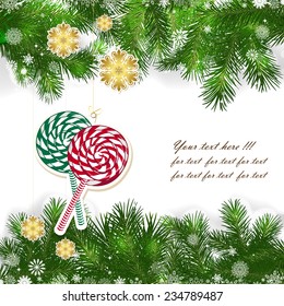Fondo de Navidad con decoración navideña y ramas verdes del árbol de Navidad.