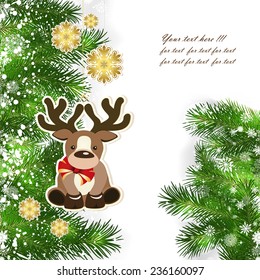 Christmas background with Christmas decor and green branches of Christmas tree.