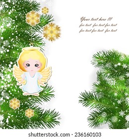 Christmas background with Christmas decor and green branches of Christmas tree.