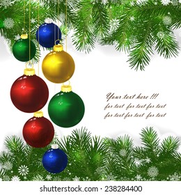 Christmas background with Christmas decor and green branches of Christmas tree.
