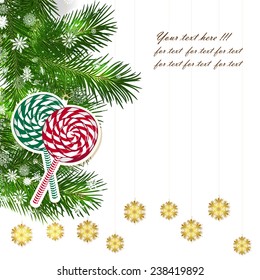 Christmas background with Christmas decor and green branches of Christmas tree.