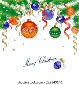 Christmas background with decorated branches of Christmas tree.