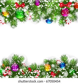 Christmas background with decorated branches of Christmas tree.