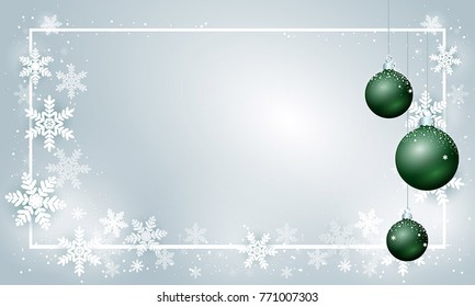 Christmas background decorated with cute snowflakes and green balls. Merry Christmas and New Year card template. Traditional winter season holiday greeting card.