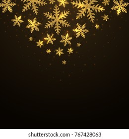 Fondo de Navidad decorado con copos de nieve de mejillón dorado en caída. Ilustración vectorial.