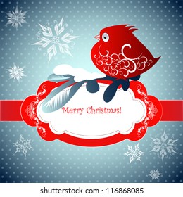 Christmas background with decorated frame, winter bird and ornamental snowflakes