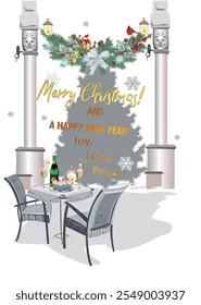 Christmas background decorated with Christmas garland and holiday table. Hand drawn vector illustration.