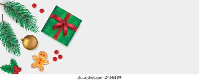 Christmas background decorated with gift box, bauble, gingerbread man and Christmas berries. Vector Illustration