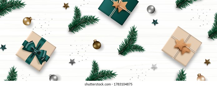 Weihnachtshintergrund mit Geschenkbox-Stil, Weihnachtsball, Kiefernzweig, Stern und grauem Konfetti. Vektorgrafik.