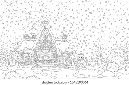 Christmas background with a decorated log house from a fairytale covered with snow and a friendly smiling snowman next to it, black and white vector illustration in a cartoon style