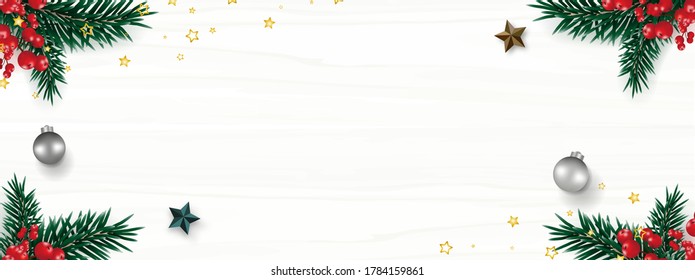 Fondo navideño decorado con pino, berry roja, bola de Navidad, estrella y confeti. Borde de marco. Copiar espacio. Vista superior. Ilustración vectorial.