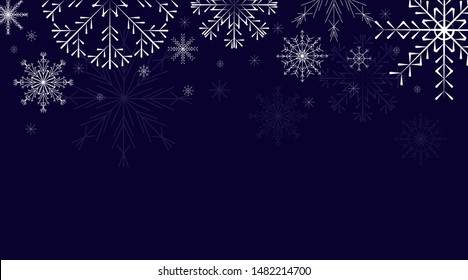 Christmas background decorated with snowflakes. White snowflakes on a dark background. Vector image.