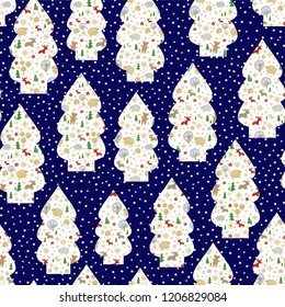  Christmas background with decorated spruce trees - Seamless vector  pattern 
