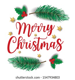 Christmas background decorated with star, pine branch and Christmas berries. Vector Illustration