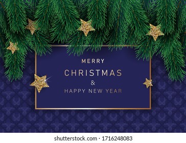 Christmas background with decorated stars with snowflakes . With snow frames on a blue background. Festive header design for your website.