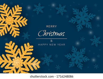 Christmas background with decorated stars with snowflakes . With snow frames on a blue background. Festive header design for your website.