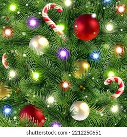 Christmas background of decorated Christmas tree branches