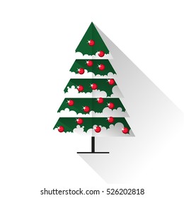 Christmas background with decorated tree. Colorful flat presents for holiday. Modern design. Christmas and New Year elements for decoration. Vector illustration 