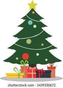 Fondo de Navidad con árbol decorado y cajas de regalo , ilustración plana vectorial