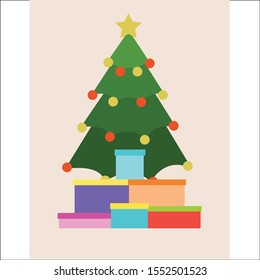 Christmas background with decorated tree and gift boxes. Merry Christmas and Happy New Year.