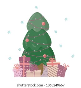 Christmas background with decorated Christmas tree and gift boxes. Colorful flat gifts for relaxation. Modern design. Christmas and New Year decoration elements. The vector illustration is isolated on