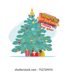 Christmas background with decorated tree and gift boxes. Vector illustration isolated on white.