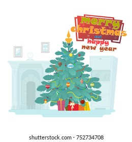 Christmas background with decorated tree and gift boxes. Vector illustration isolated on white.