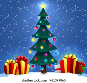 Christmas background with decorated tree and gift boxes.  Christmas and New Year holidays. Vector illustration