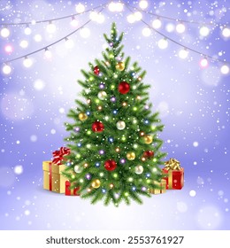 Christmas background with decorated Christmas tree and presents under it