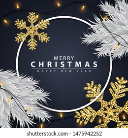 Christmas background decorated with white Christmas trees, glittering gold snowflakes and fancy bulbs.