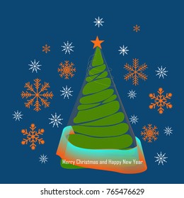 Christmas Background with Decorated Xmas Tree & Snowflakes Falling. Vector Illustration