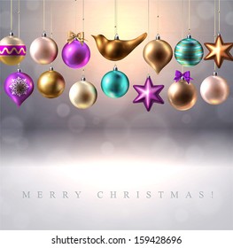 Christmas background with Christmas decoration, baubles, balls, bird and star, vector 