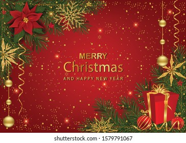 Christmas background with decoration. Decorative Christmas festive background with Christmas flowers, balls stars and ribbons.