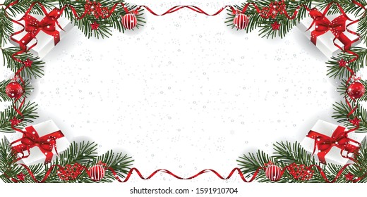 Christmas background with decoration. Decorative Christmas festive background with Christmas snow, balls, gifts, stars and ribbons.