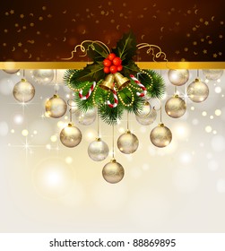 Christmas background with decoration of fir tree and evening balls