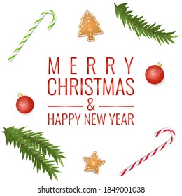 Christmas background with decoration: hard candy, cookies, fir branch. Merry Christmas and Happy New Year card concept. Vector stock illustration.