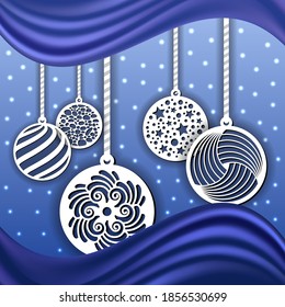 Christmas background decoration. Laser cut balls, paper art. Blue backdrop with winter snow. Vector illustration