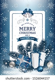 Christmas background with decoration and paper. Decorative Christmas festive background with Christmas snow, balls, stars and ribbons.