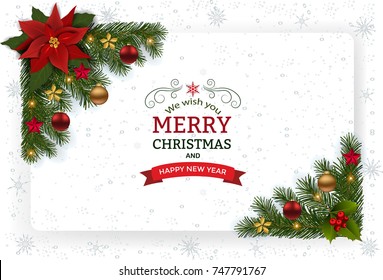 Christmas background with decoration and paper. Decorative Christmas festive background with Christmas flowers, balls stars and ribbons.