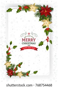 Christmas background with decoration and paper. Christmas frame with berry and Christmas Flower Pointsetta