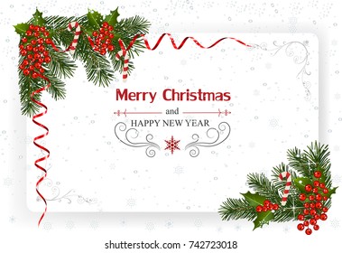 Christmas background with decoration and paper. Holiday frame with snow, berries and ribbon.