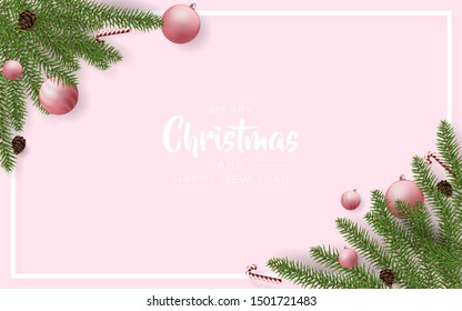 christmas background decoration in pink color for border frame banner poster greeting card invitation and postcard. christmas ball candy pine fruit  leaf and brach decoration. vector illustration.
