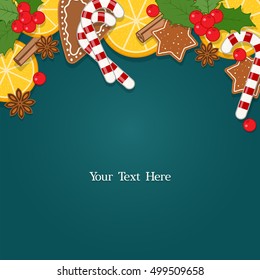 Christmas background with decorations, Christmas baking and sweets. Vector illustration with blank space for text