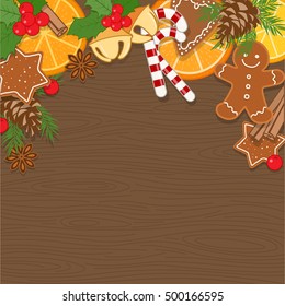 Christmas background with decorations, Christmas baking and sweets on wooden board