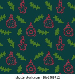 Christmas background Christmas decorations in a circle of foliage. Magic vector Christmas tree decorations red balls in a circle of greenery. In a linear style pattern for textiles for the New year